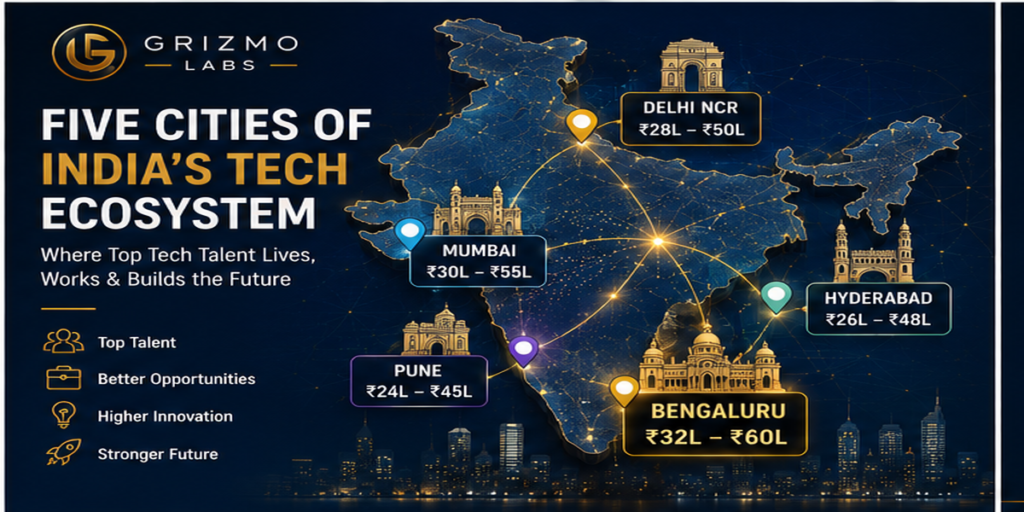 Infographic map of India highlighting five tech hubs with salary ranges: Delhi NCR ₹28L–₹50L, Mumbai ₹30L–₹55L, Pune ₹24L–₹45L, Bengaluru ₹32L–₹60L, Hyderabad ₹26L–₹48L.