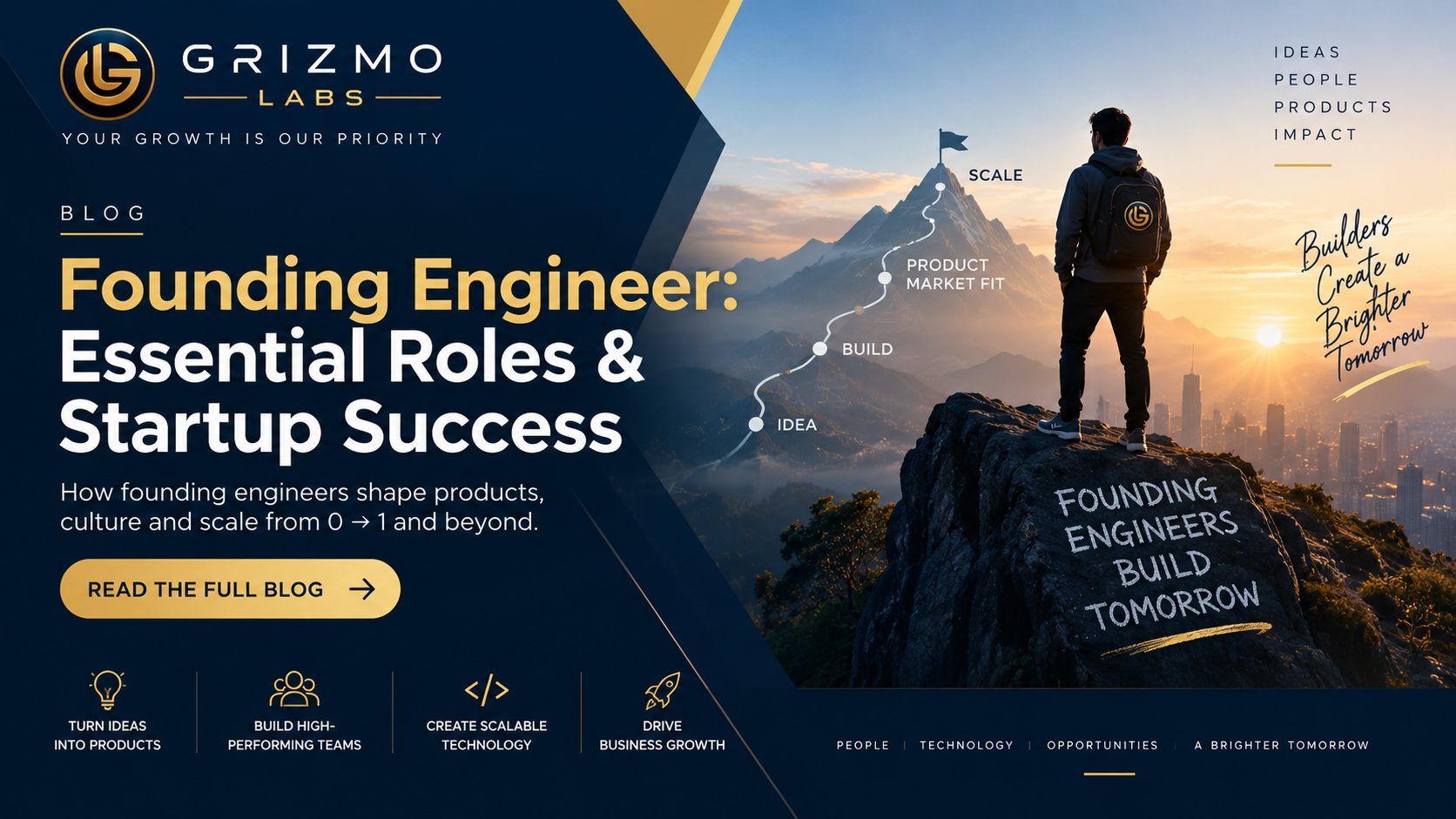 Founding engineer standing on a mountain peak overlooking a city, representing the journey from startup idea to building successful products and scaling growth